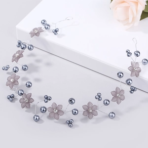 Handmade Bridal Hair Vine With Gray Black Artificial Pearls Crystal Matte Flower Alloy Wire Headband Wedding Headpiece For Women