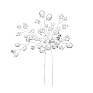 Épingle à cheveux de mariée en argent avec perles à la main, strass et fleurs blanches