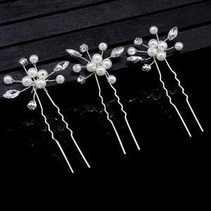 Set de 3 épingles à cheveux de mariée avec perles blanches et cristaux sur fil argent