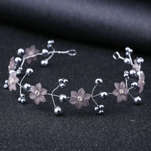 Handmade bridal headband with grey pearls and pink frosted flowers on silver wire