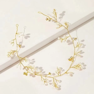 Bandeau mariée fait main 35cm avec perles et cristaux sur fil doré flexible pour mariage