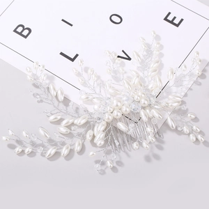 Exquisite handmade bridal hair comb with white pearls and crystals on silver wire