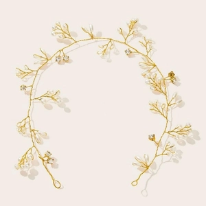 Vigne de cheveux de mariée de 35cm avec perles blanches et strass sur fil doré flexible