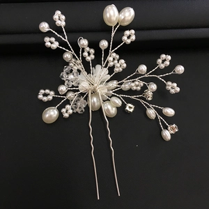 Détails de l'épingle à cheveux de mariée faite main avec perles et cristaux sur fil d'argent