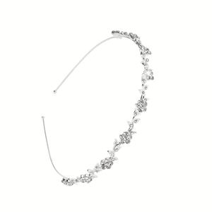 Silver bridal headband featuring crystal floral patterns and vine leaf decorations