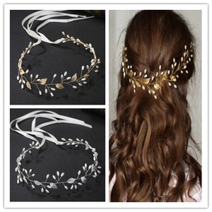 Serre-tête de Mariée Fait Main Baroque avec Feuilles en Alliage Or Argent et Künstliche Perles Vigne de Cheveux avec Ruban Satin