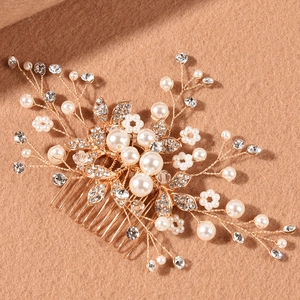 Peigne à cheveux de mariée fait main avec feuilles dorées, perles blanches et strass brillants