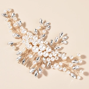 Peigne à cheveux de mariée élégant avec perles et strass sur motif floral en fil d'or