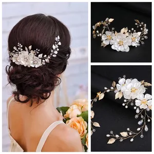Vigne de Cheveux de Mariée Florale Faite à la Main Feuille Or Argent Künstliche Perle d'imitation Cristal Fleur Bandeau Mariage Femme
