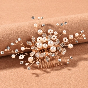 Peigne à cheveux de mariée fait main avec perles et strass sur fil d'or pour coiffure de mariage