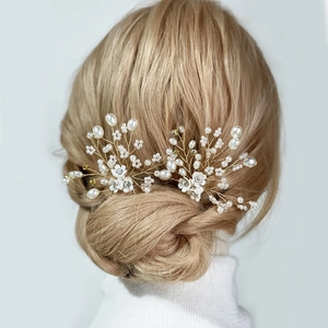 Épingles à cheveux de mariée avec perles blanches et fleurs en strass sur fil doré