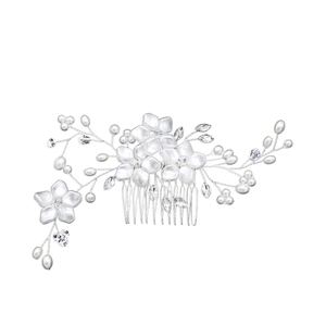 Handmade bridal hair comb with white flowers, pearls and crystals on silver wire base