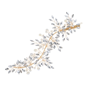 Close-up of handmade bridal vine headband with pearls and marquise rhinestones