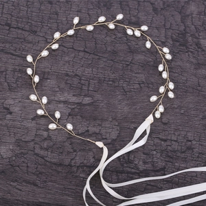 Elegant gold pearl soft chain bridal hair vine with white silk ribbon ties for weddings