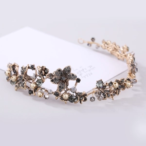 Baroque black crystal bridal headband with gold alloy leaves and vintage pearls