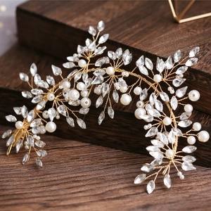 Elegant gold bridal hair vine with white pearls and marquise crystal rhinestones