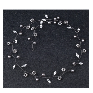 Handmade black wire bridal hair vine with grey faux pearls and marquise crystal rhinestones