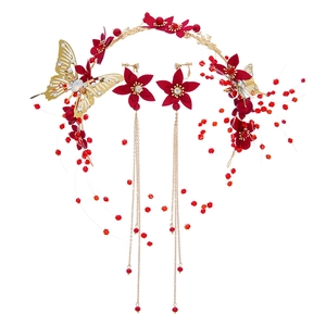 Serre-tête de Mariage Traditionnel Et Boucles d'Oreilles à Gland Fleur Rouge Papillon Doré Perles Bijoux pour Femmes Banquet Coiffe Élégante