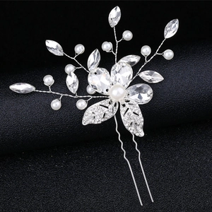 Eleganter Silber Kristall Künstliche Perle Hochzeit Haarnadel U-Form Braut Haarschmuck Blumenblatt Handgemacht Für Damen Party