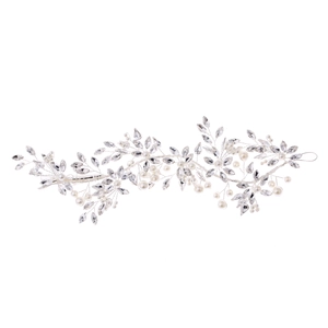 Handmade silver bridal hair vine with white pearls and sparkling crystal flowers