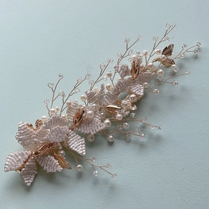 Handmade Bridal Hair Clip Gold Wire Branch White Artificial Pearl Crystal Flower Wedding Party Women Hair Vine Accessory