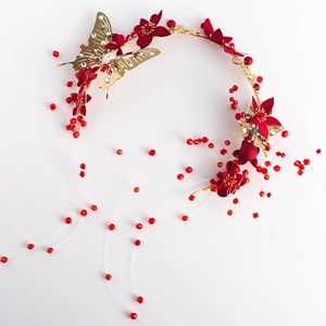 Serre-tête de mariée élégant avec papillons dorés et fleurs en cristal rouge pour mariage