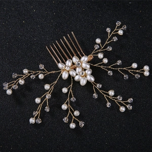 Handmade bridal hair comb with gold wire, white pearls and sparkling crystal beads