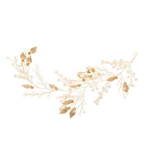 Détails de la vigne de cheveux faite main avec feuilles dorées et perles