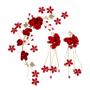 Rote Stoffrose Braut Haarschmuck Set Handgefertigt Gold Legierung Draht Strass Blume Kopfschmuck Quasten Ohrringe Für Hochzeit Damen