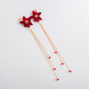 Boucles d'oreilles fleurs en tissu rouge pour mariée avec longues franges dorées
