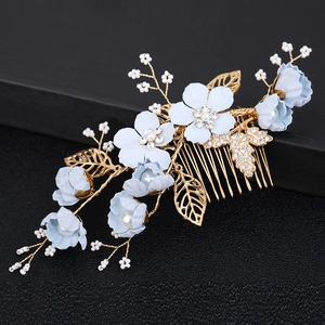 Peigne à cheveux de mariée avec fleurs bleues et feuilles dorées en strass