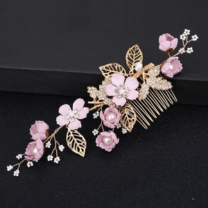 Peigne à Cheveux de Mariage Floral Fait Main Feuille en Alliage Doré Strass Künstliche Perle Coiffe de Mariée Femme Banquet Événements