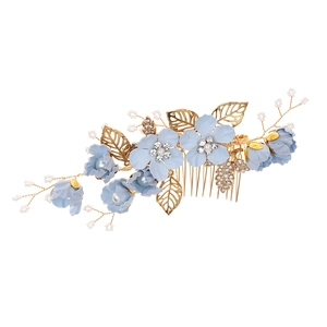 Peigne à cheveux de mariée avec fleurs en tissu bleu et feuilles dorées en strass
