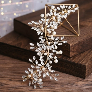 Handmade Bridal Hair Vine With Artificial Pearls And Rhinestones Gold Copper Wire Floral Headpiece For Wedding Party Women Jewelry