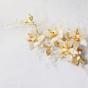 Bridal Hair Clip Handmade Beaded Faux Artificial Pearl Flower Gold Metal Leaf Headpiece For Wedding Party Women Hair Accessories