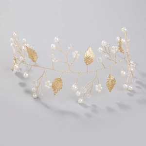 Golden leaf bridal hair vine with pearls and crystals for wedding hairstyles