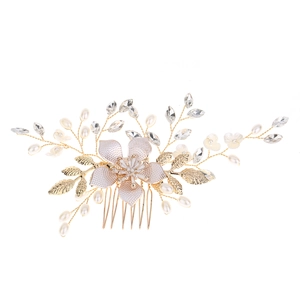 Elegant bridal hair comb with gold alloy flowers, pearls and crystal rhinestones