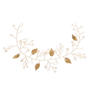 Golden bridal hair vine with delicate metal leaves, white pearls and sparkling crystals
