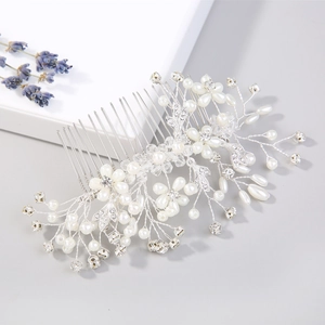 Elegant bridal hair comb with silver twisted wire, white pearls and sparkling rhinestones