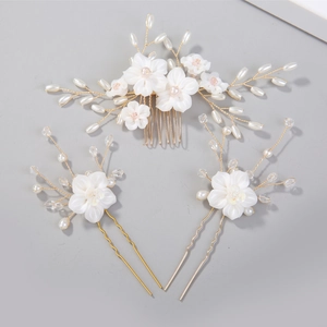 Bridal Wedding Hair Accessories Set White Flower Faux Artificial Pearl Rhinestone Handmade Gold Silver Hair Comb Hairpins For Women