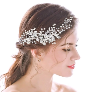 Vigne de Cheveux de Mariée en Alliage d'Argent Feuilles Fausses Künstliche Perles Cristal Bandeau Fait Main pour Mariage Fête Femme Coiffe