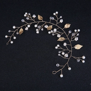 Golden leaf hair vine with white pearls and crystal beads for bridal wedding hair styling