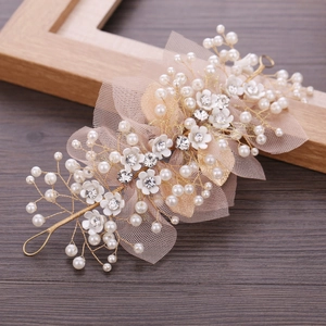 Handmade Kids Flower Headband Forest Style Gold Wire Faux Artificial Pearl Rhinestone Mesh Bow Hair Accessory For Girls Wedding Party