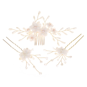 Handmade bridal hair accessories set with white flowers and pearls on golden branch wires