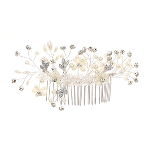 Elegant bridal hair comb with pearls and rhinestones on silver floral branches