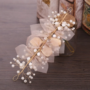 Champagne mesh bow hairband with pearls for girls and flower children accessories
