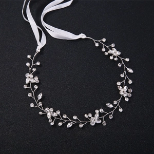 Handmade Bridal Hair Vine Rhinestone Faux Artificial Pearl Wedding Headband Satin Ribbon Elegant Floral Hair Jewelry For Bride Women