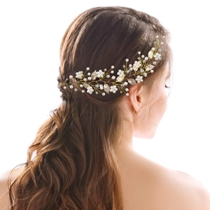 Elegant Gold Leaf Artificial Pearl Bridal Hair Vine Crystal Handmade Wedding Headpiece For Women Bridesmaid Hair Accessories