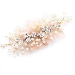Elegant gold wire flower headband with white petals, pearls and crystals for girls
