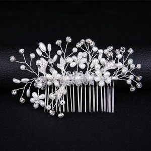 Handcrafted Bridal Hair Comb Elegant Floral Leaf Design With White Faux Artificial Pearls And Rhinestones Silver Alloy Wedding Headpiece